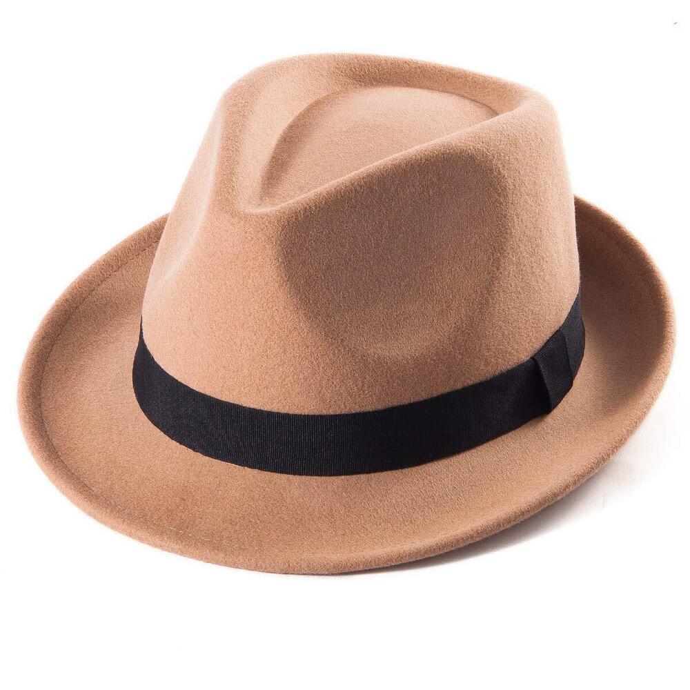 1588 Wool Fedora Hat Manhattan Structured Gangster Trilby Khaki, 7 1/4